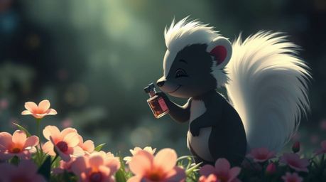 A soft, dreamy cartoon skunk sprays perfume on flowers, rendered in hazy soft light with strong contrasting chiaroscuro light