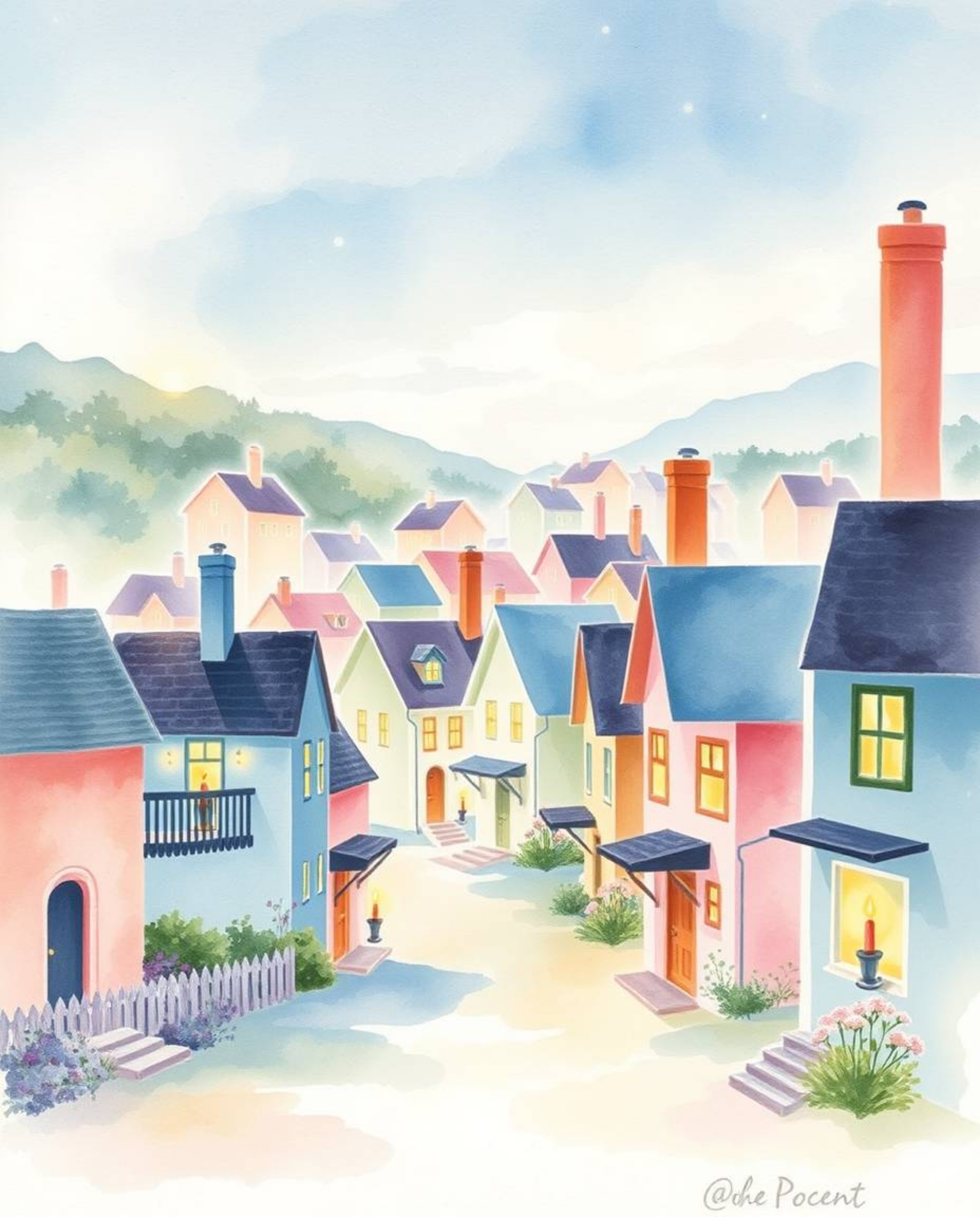 Discover a serene watercolor painting depicting a sleepy town with pastel-colored houses bathed in the warm glow of candlelig