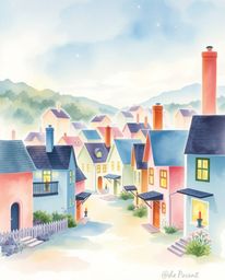 Discover a serene watercolor painting depicting a sleepy town with pastel-colored houses bathed in the warm glow of candlelig