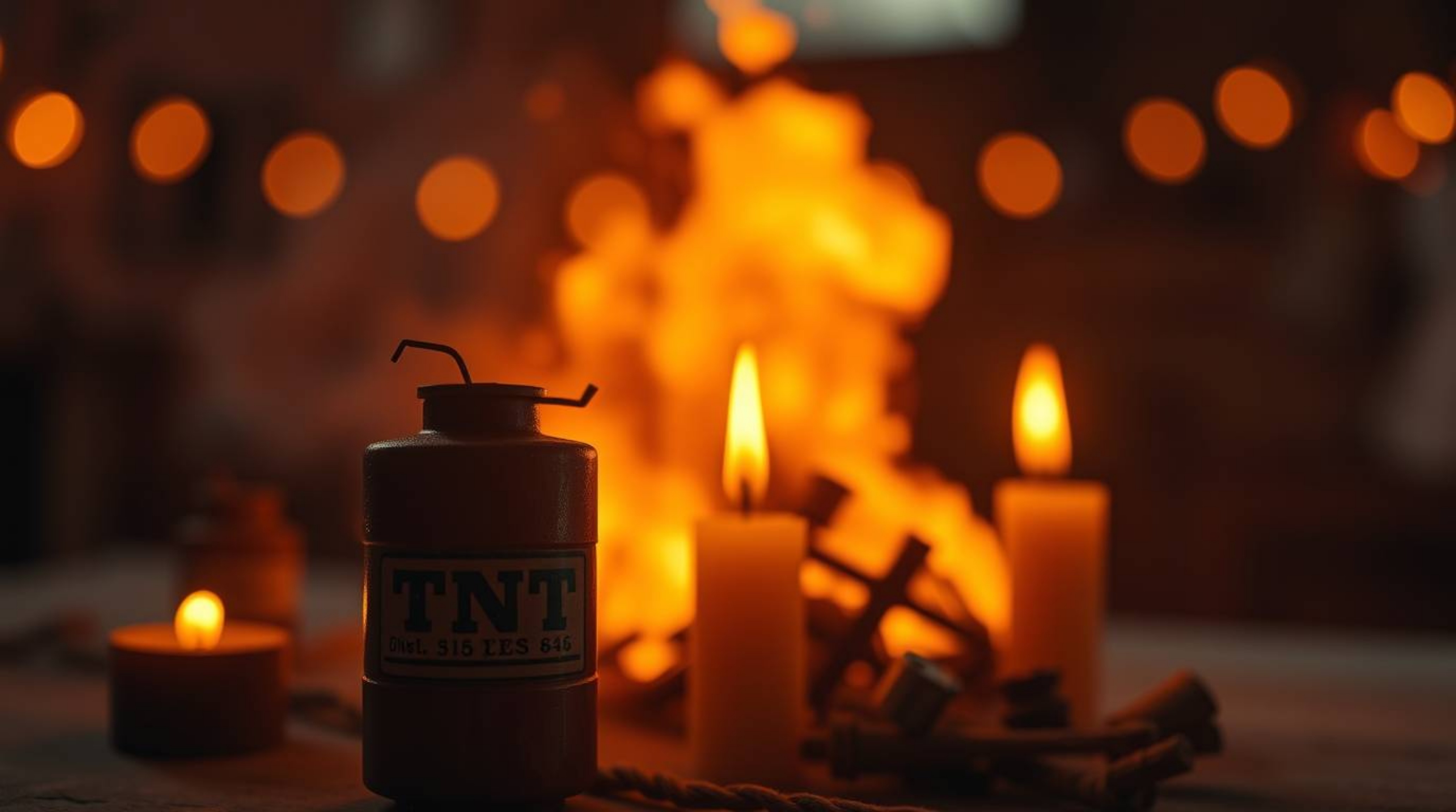 A captivating high-resolution stock photo depicting a dramatic Wild West TNT explosion.  The scene is enhanced by warm candle