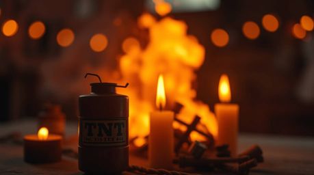 A captivating high-resolution stock photo depicting a dramatic Wild West TNT explosion.  The scene is enhanced by warm candle
