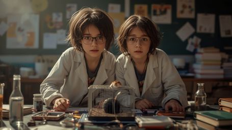 A cinematic and whimsical photograph, reminiscent of Pixar's signature style, captures a dynamic science fair duo of a boy an
