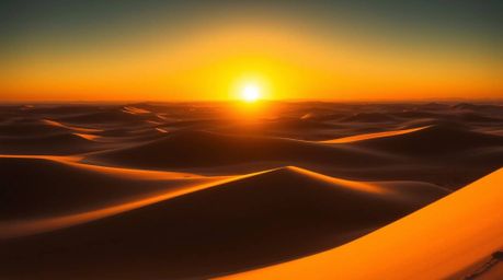 A captivating digital painting showcases a breathtaking sunset at the edge of a vast desert. Golden dunes are bathed in the w