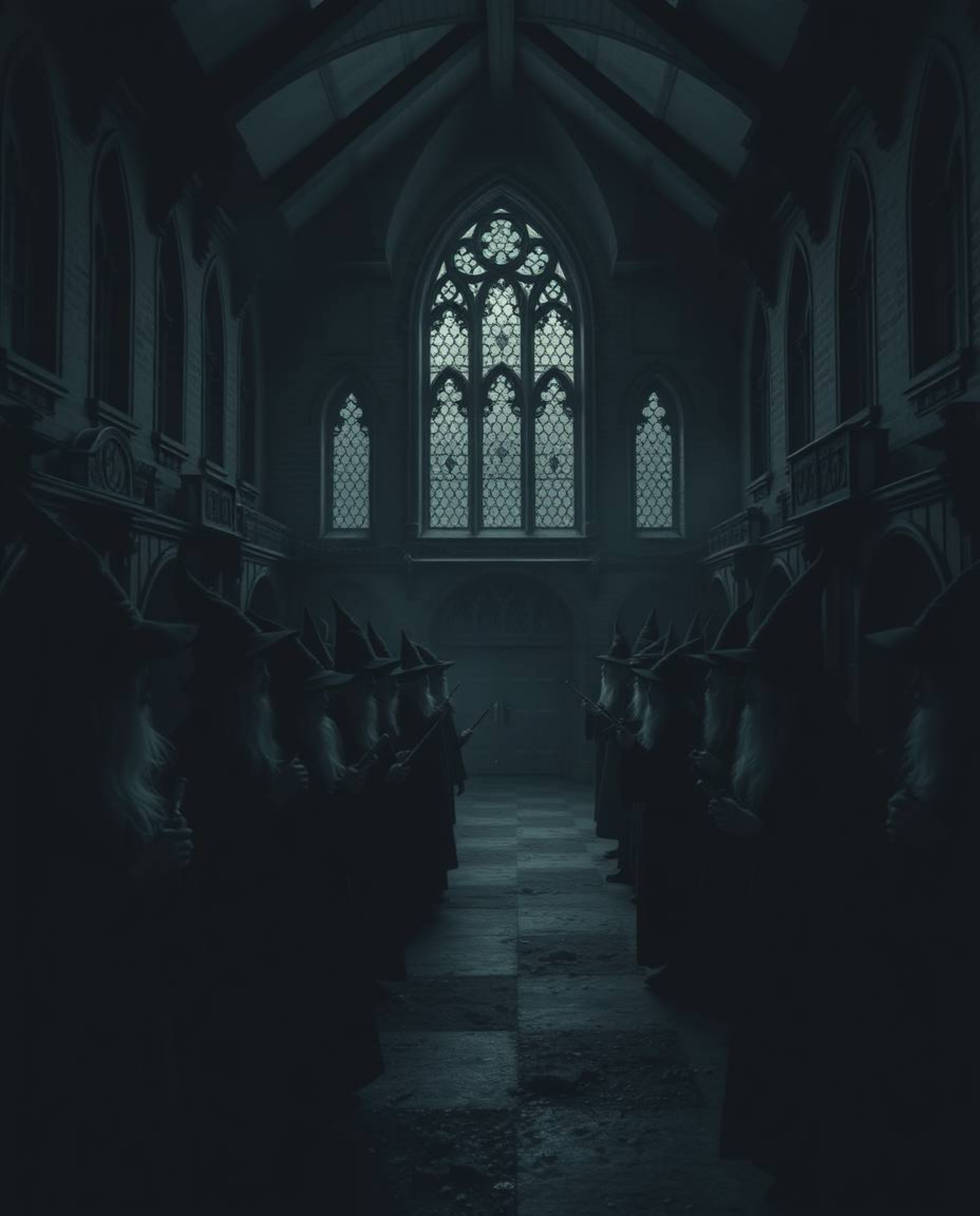 Discover a chilling depiction of a magical school for young wizards.  Rendered in intense jet black with deep shadows and uns