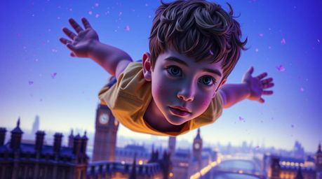 A captivating image depicts a young boy with dark eyes and freckles soaring above a layered London landscape, propelled by ul