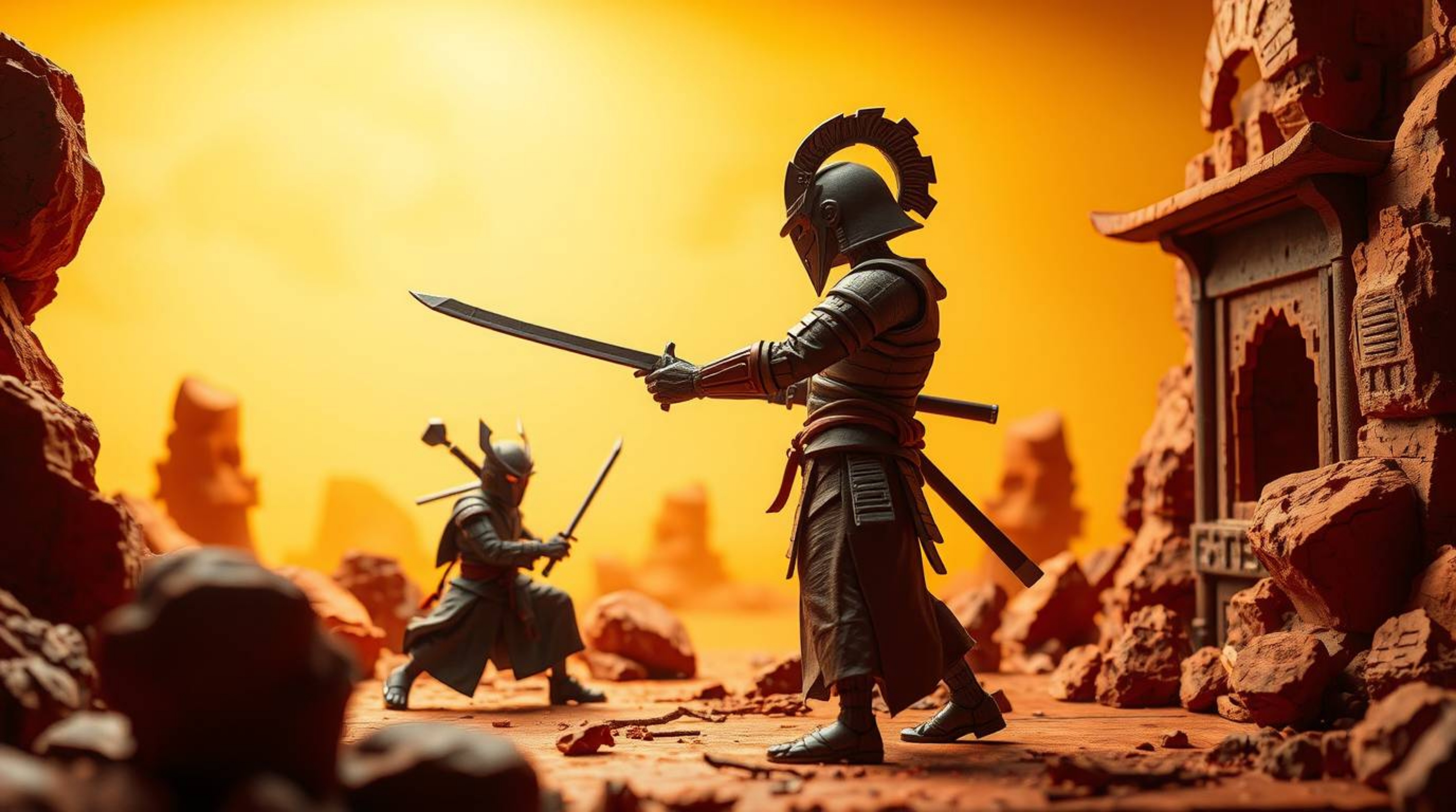 A captivating clay sculpture depicts a fierce battle between a samurai and a robot in a warm, dystopian setting.  The artwork