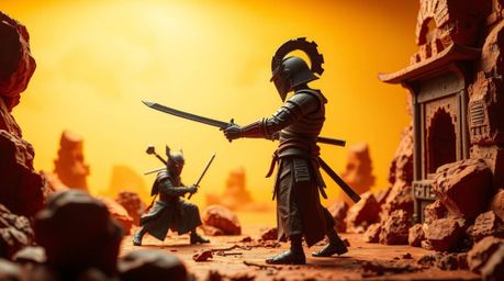 A captivating clay sculpture depicts a fierce battle between a samurai and a robot in a warm, dystopian setting.  The artwork