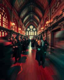 Discover a captivating long-exposure infrared photograph of a magical school brimming with young wizards.  The surreal image,