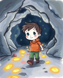 A charming hand-drawn color sketchnote depicts a child with rosy cheeks venturing into a cave, guided by a trail of glowing f