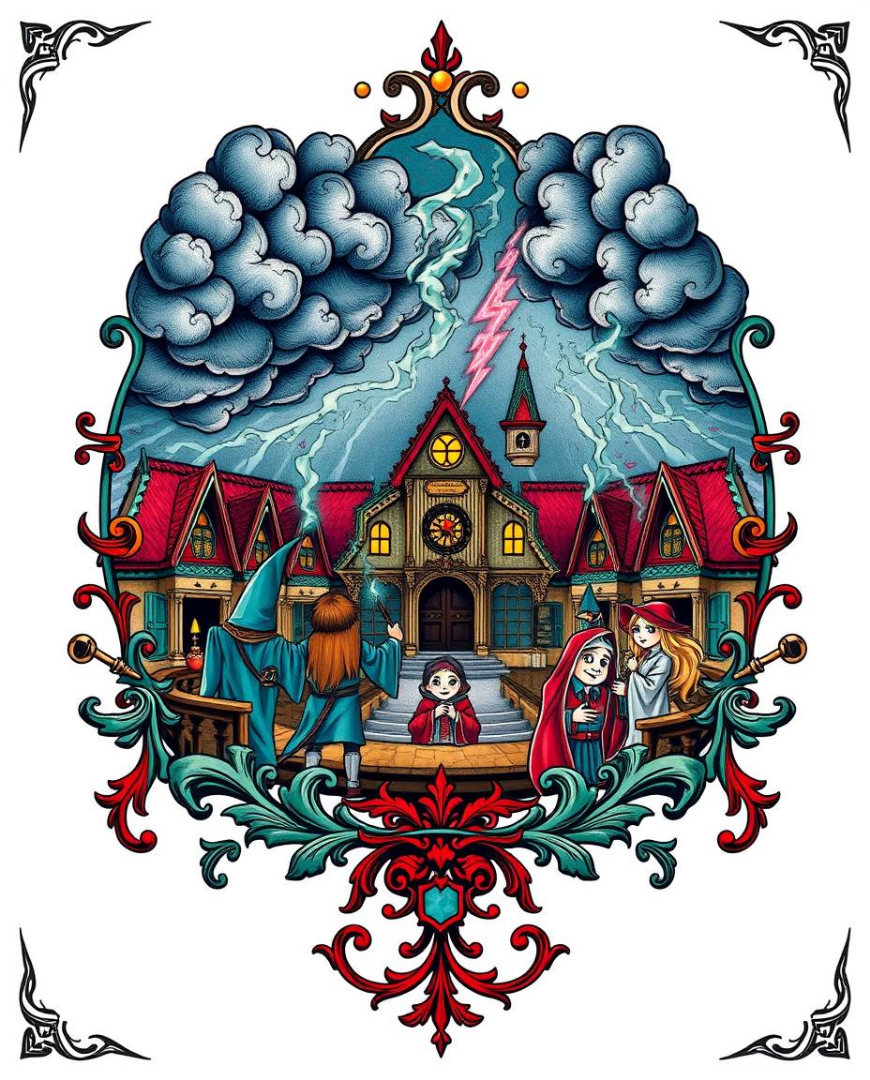 Discover stunning symbolic traditional tattoo art prints featuring a magical school filled with young wizards.  Experience hi
