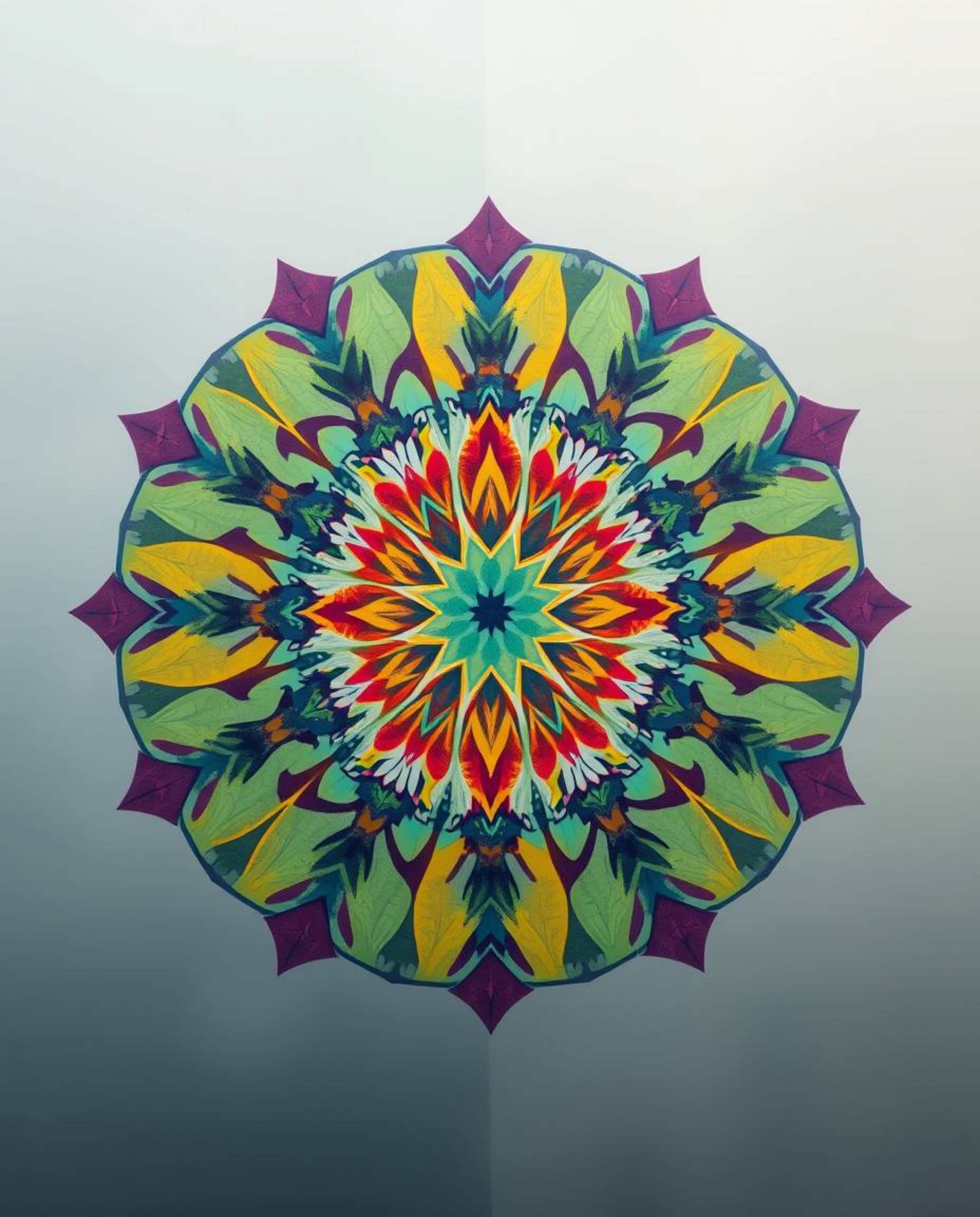 Explore a mesmerizing geometric floral mandala artwork featuring vibrant colors and a symmetric design. This piece utilizes a