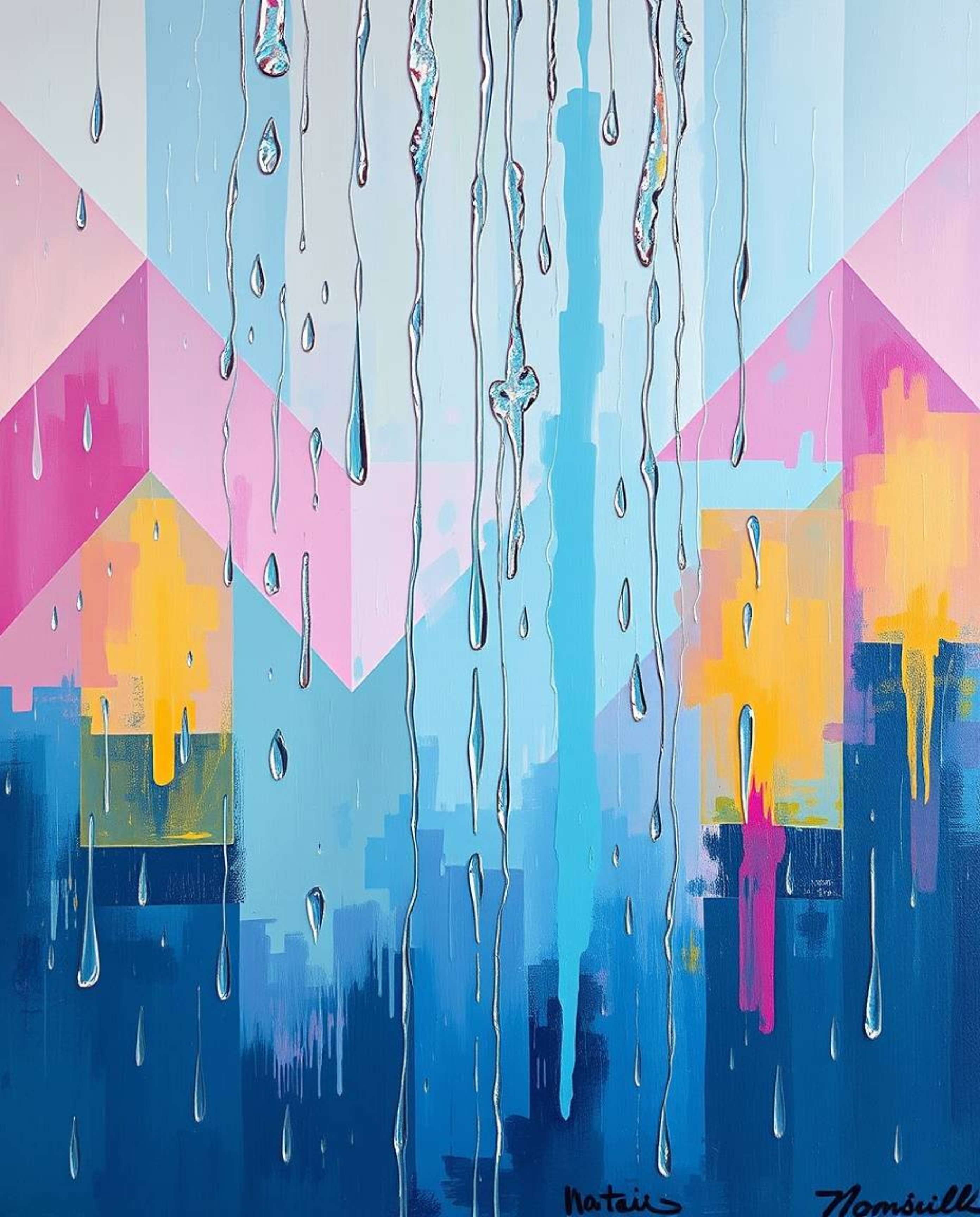 This stunning acrylic painting captures a bold rainy scene, beautifully juxtaposed against a geometric wallpaper with soft pa