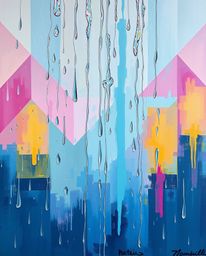 This stunning acrylic painting captures a bold rainy scene, beautifully juxtaposed against a geometric wallpaper with soft pa
