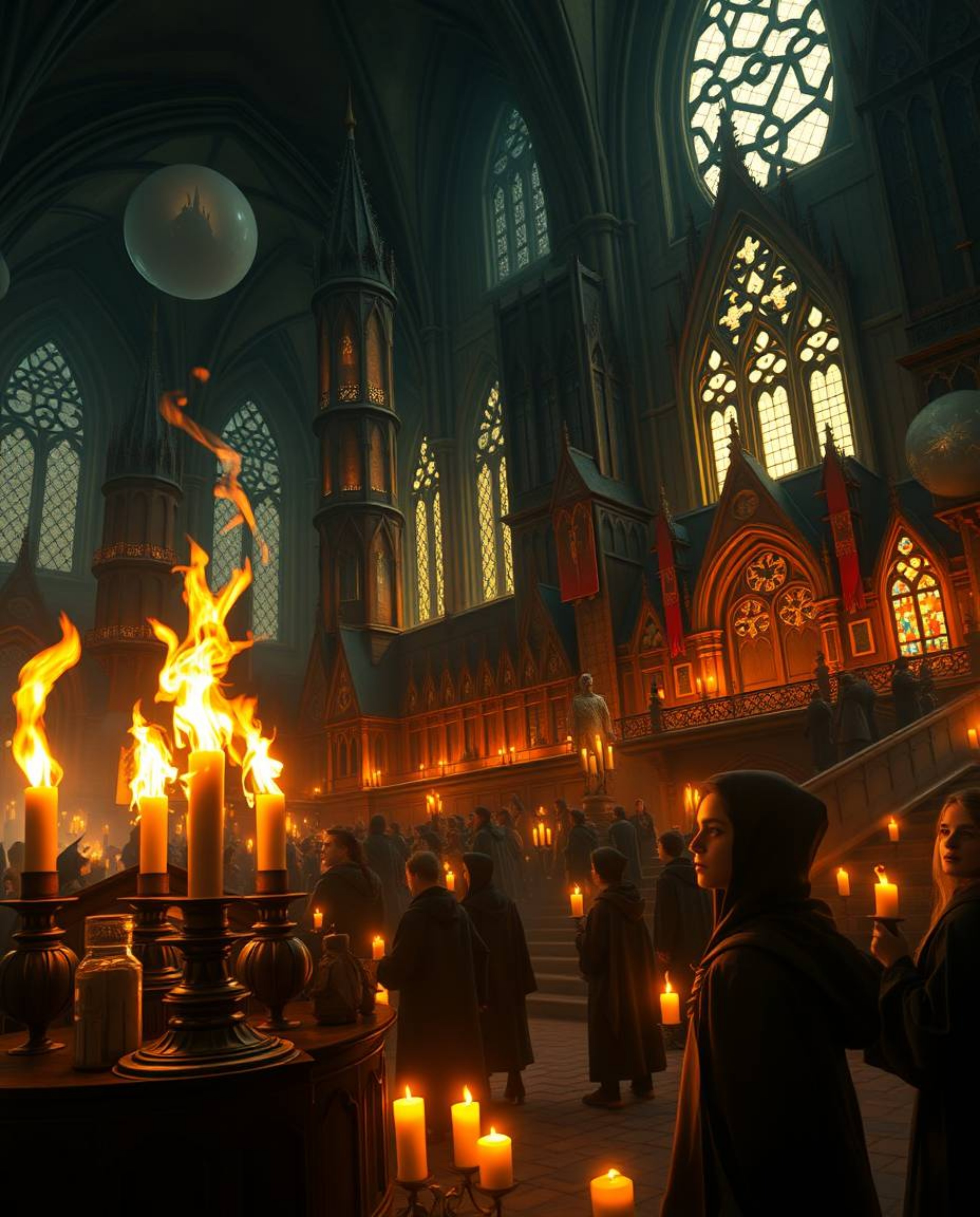 Immerse yourself in an epic, grand scene of a magical school brimming with young wizards.  Illuminated by warm candlelight an