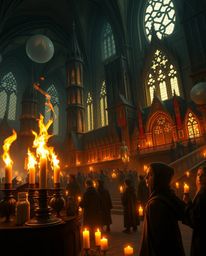 Immerse yourself in an epic, grand scene of a magical school brimming with young wizards.  Illuminated by warm candlelight an