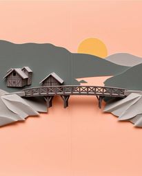 An extreme macro close-up captures the intricate details of an old wooden bridge over a river at sunset. The image is rendere