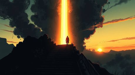 This image showcases a moody style illustration featuring a lone figure ascending a stone staircase towards a divine beam of 