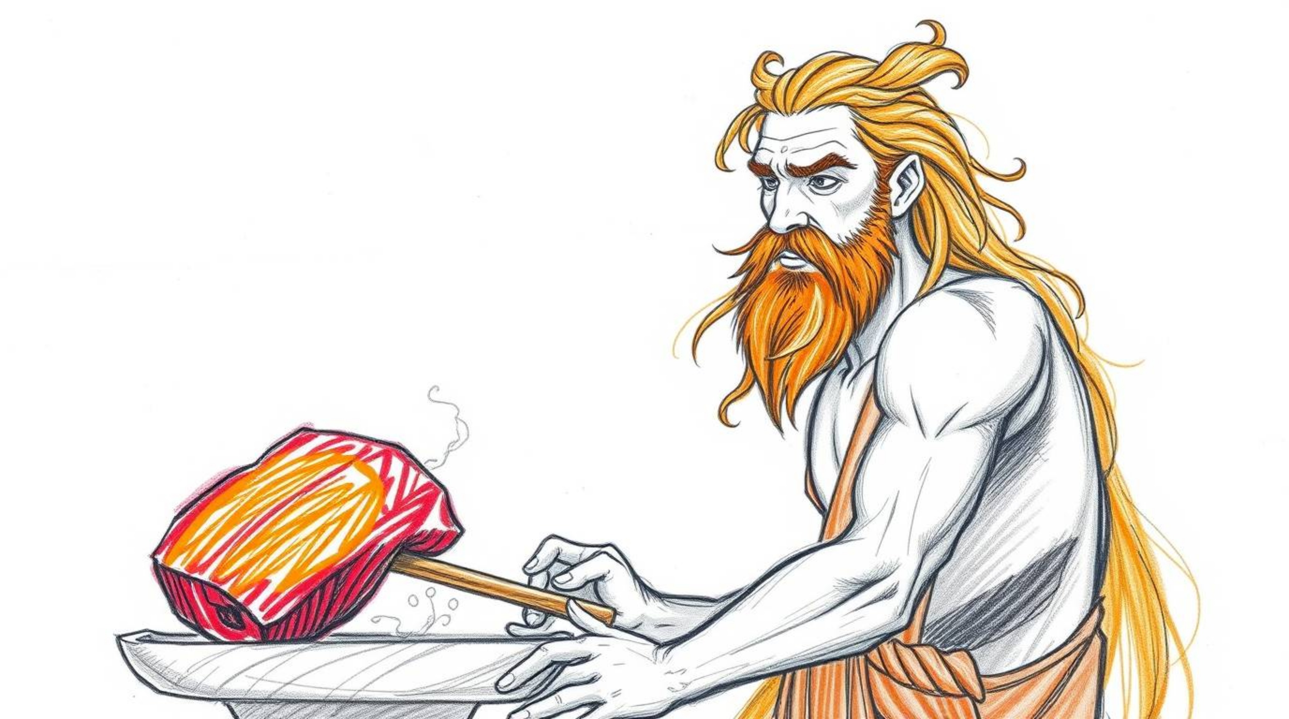 A vibrant, hand-drawn illustration depicts a graceful and elegant caveman with refined features, energetically cooking mammot