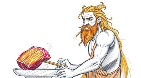A vibrant, hand-drawn illustration depicts a graceful and elegant caveman with refined features, energetically cooking mammot