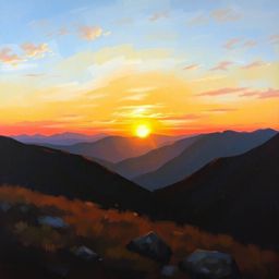 This classic oil painting beautifully captures a serene sunset over a quiet mountain valley, enhanced by a dreamy bokeh effec