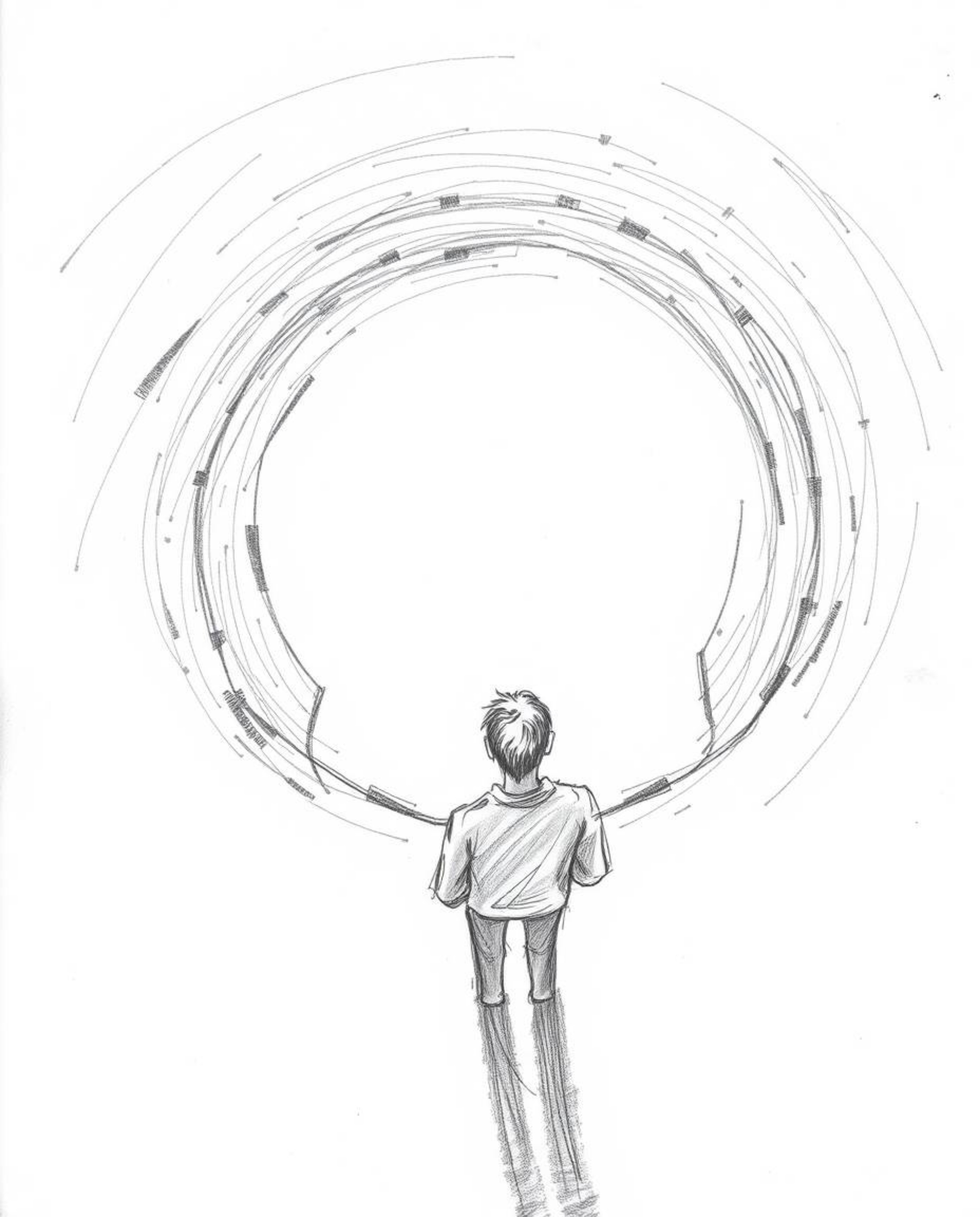 A captivating hand-drawn pencil sketch depicts a figure with undefined features standing at a tunnel's entrance, their gaze f