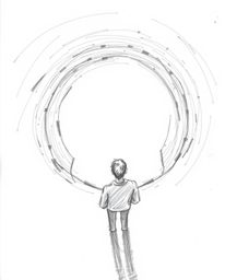 A captivating hand-drawn pencil sketch depicts a figure with undefined features standing at a tunnel's entrance, their gaze f
