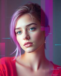 Discover stunning digital glitch art portraits with a soft, dreamy atmosphere.  These unique pieces feature vibrant complemen