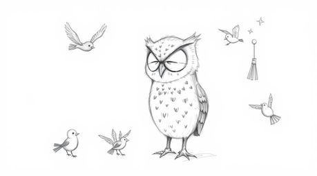 A heartwarming hand-drawn sketch in the style of Pixar depicts a blind owl with a gentle expression, lovingly teaching small 