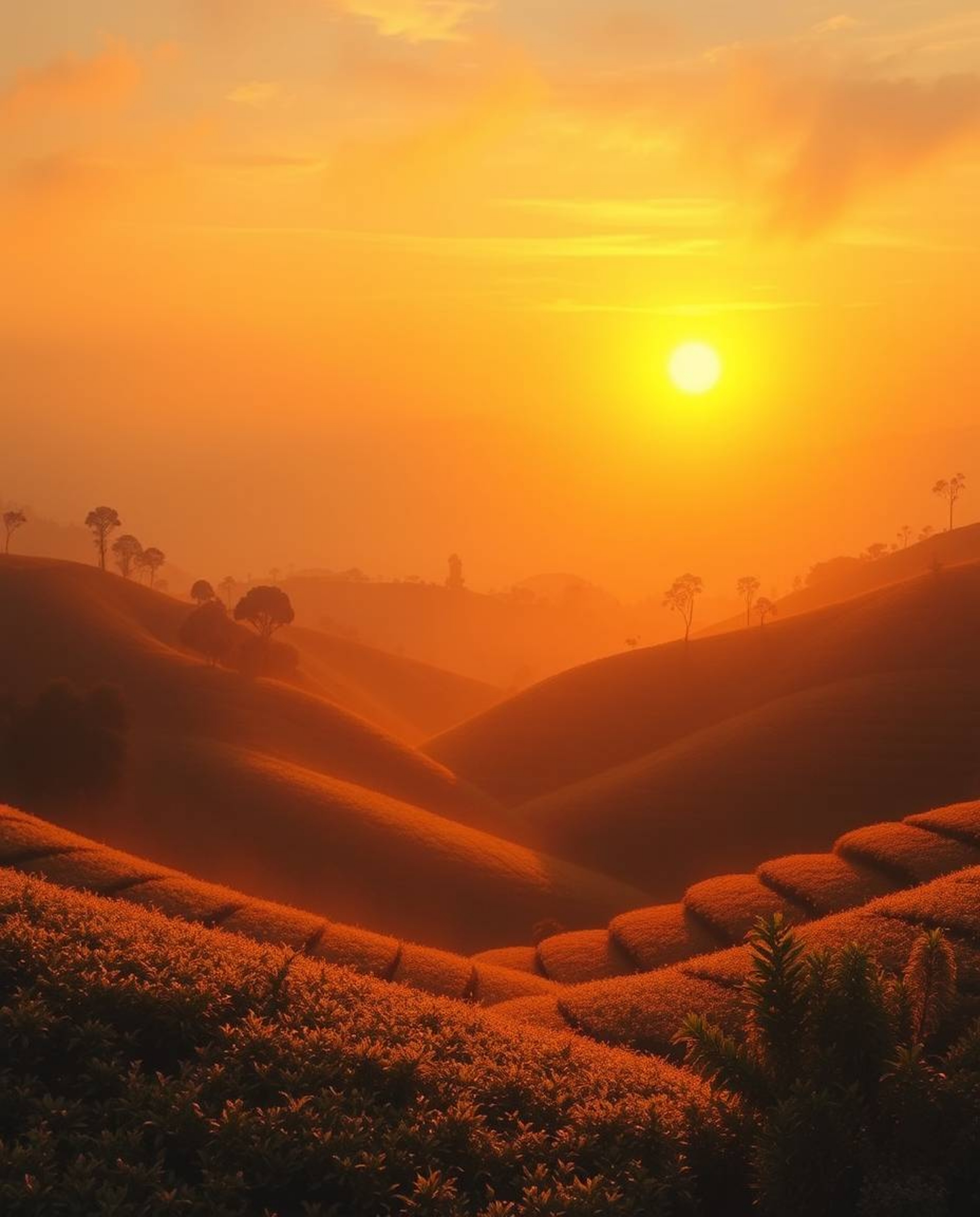 This warm, autumn-colored painting captures an ethereal and spiritual sunset over terraced tea plantations. A defining featur