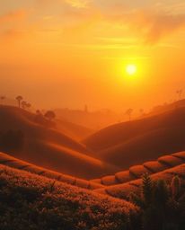 This warm, autumn-colored painting captures an ethereal and spiritual sunset over terraced tea plantations. A defining featur