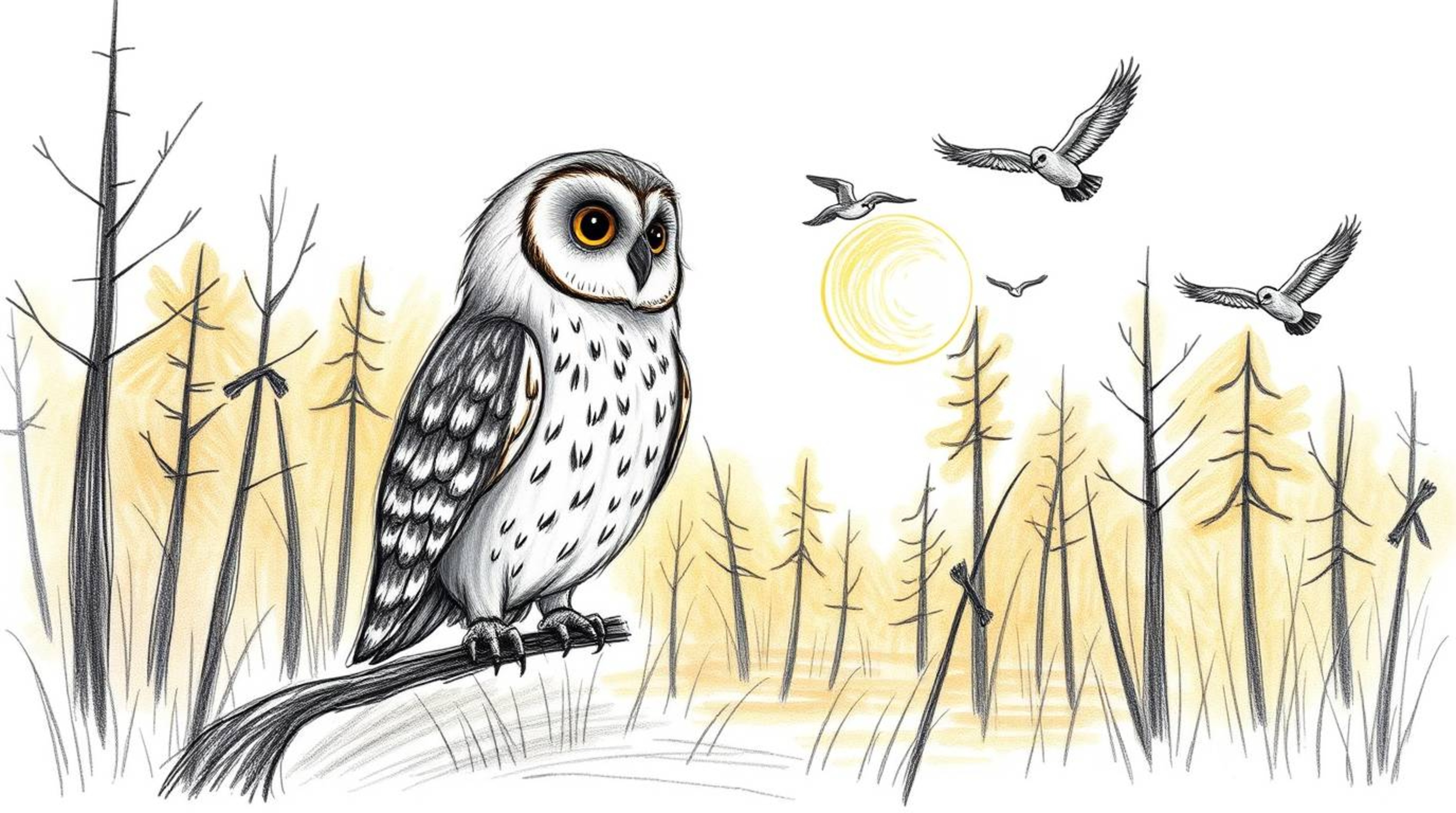 A heartwarming hand-drawn sketch in the style of Pixar depicts a gentle blind owl with soft feathers, patiently teaching a fl
