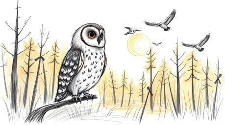 A heartwarming hand-drawn sketch in the style of Pixar depicts a gentle blind owl with soft feathers, patiently teaching a fl