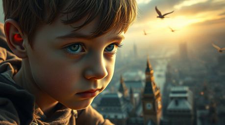 A captivating close-up image of a young boy with light skin soaring above the vibrant city of London, propelled by trails of 