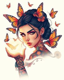 A determined girl, adorned with intricate traditional tattoos, releases butterflies in a grand, epic scene.  The artwork boas
