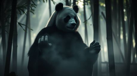 This artwork features a moody and volumetric-lit image of a martial artist panda deeply engaged in meditation within a serene