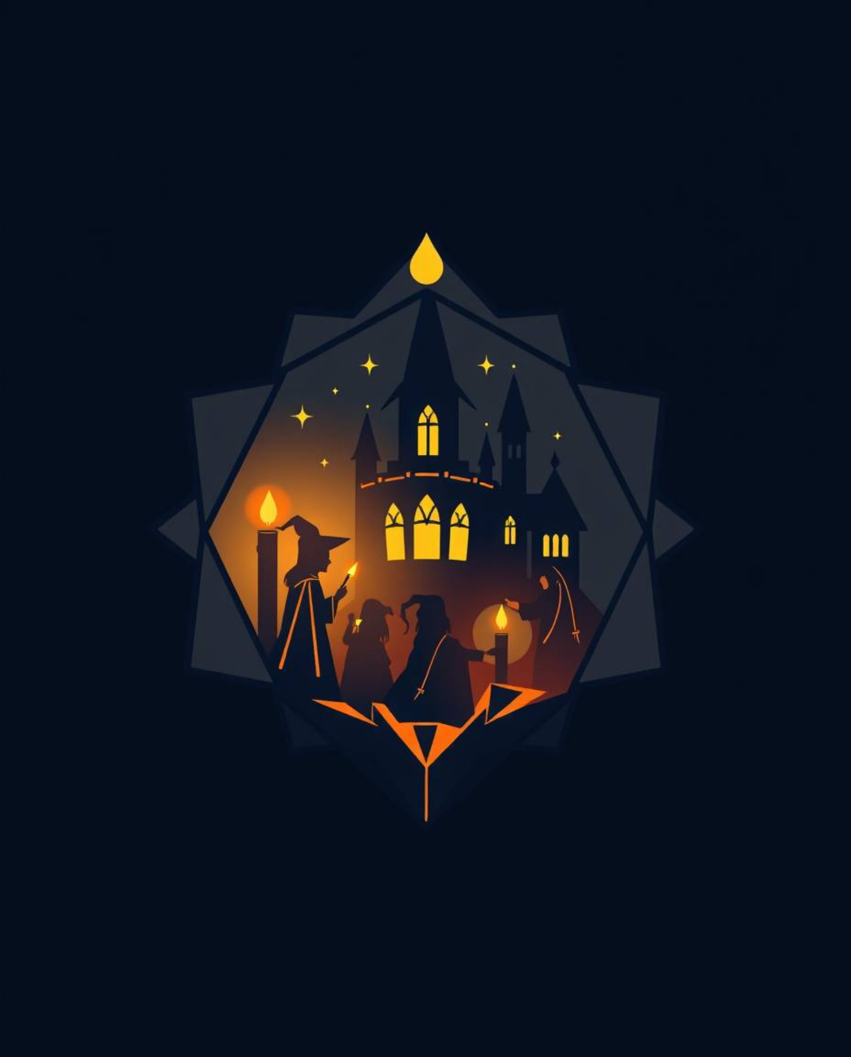 This geometric logo design represents a magical school teeming with young wizards, inspired by the warm ambiance of candlelig