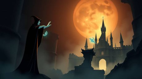 A captivating image of a classic Disney villain casting a spell within an ancient castle. Rendered in a strong, moody style