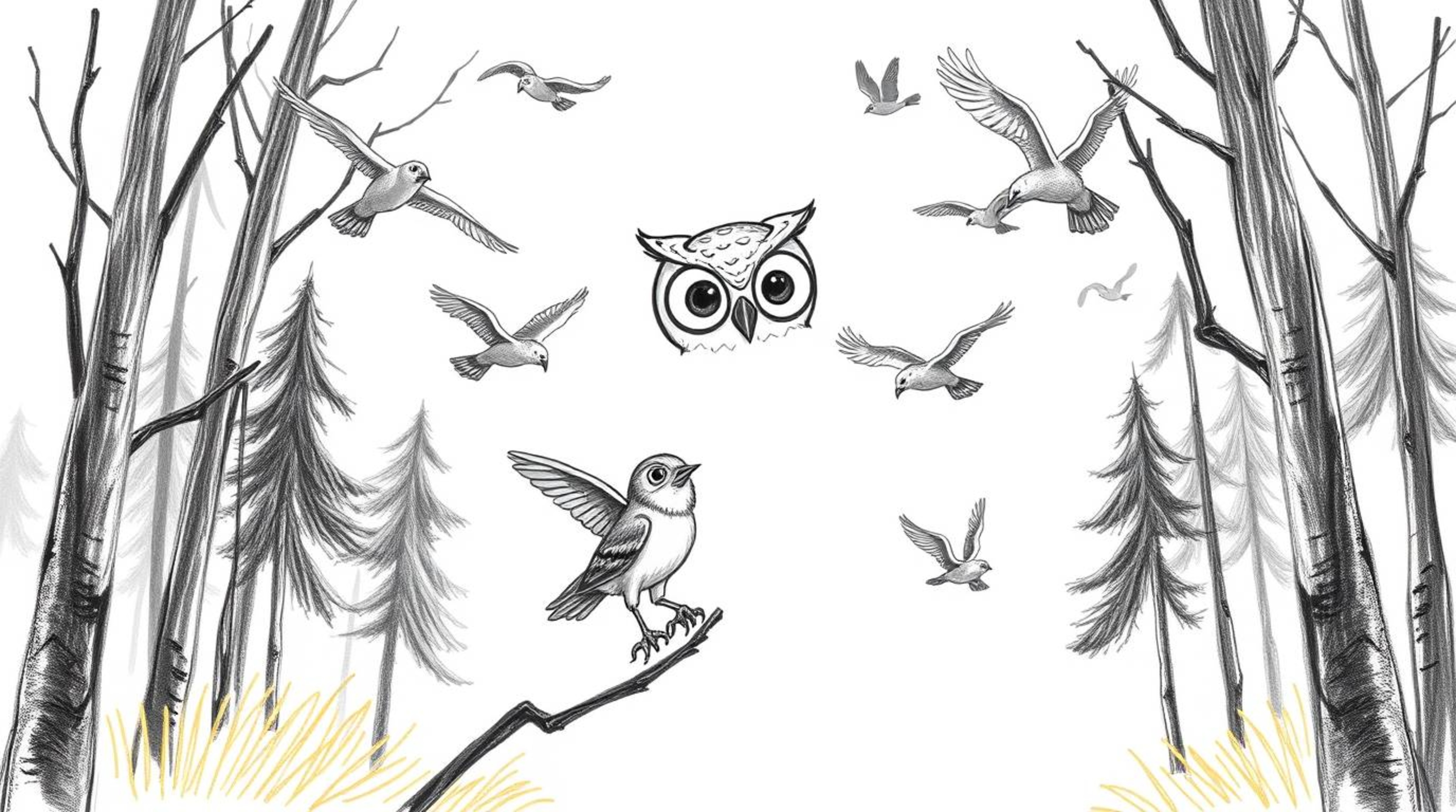 A heartwarming hand-drawn illustration in the style of Pixar, depicting a blind owl with expressive eyes teaching various bir