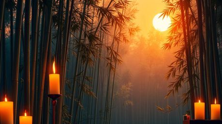 Immerse yourself in a serene bamboo forest scene bathed in the warm light of a setting sun and gently illuminated by flickeri
