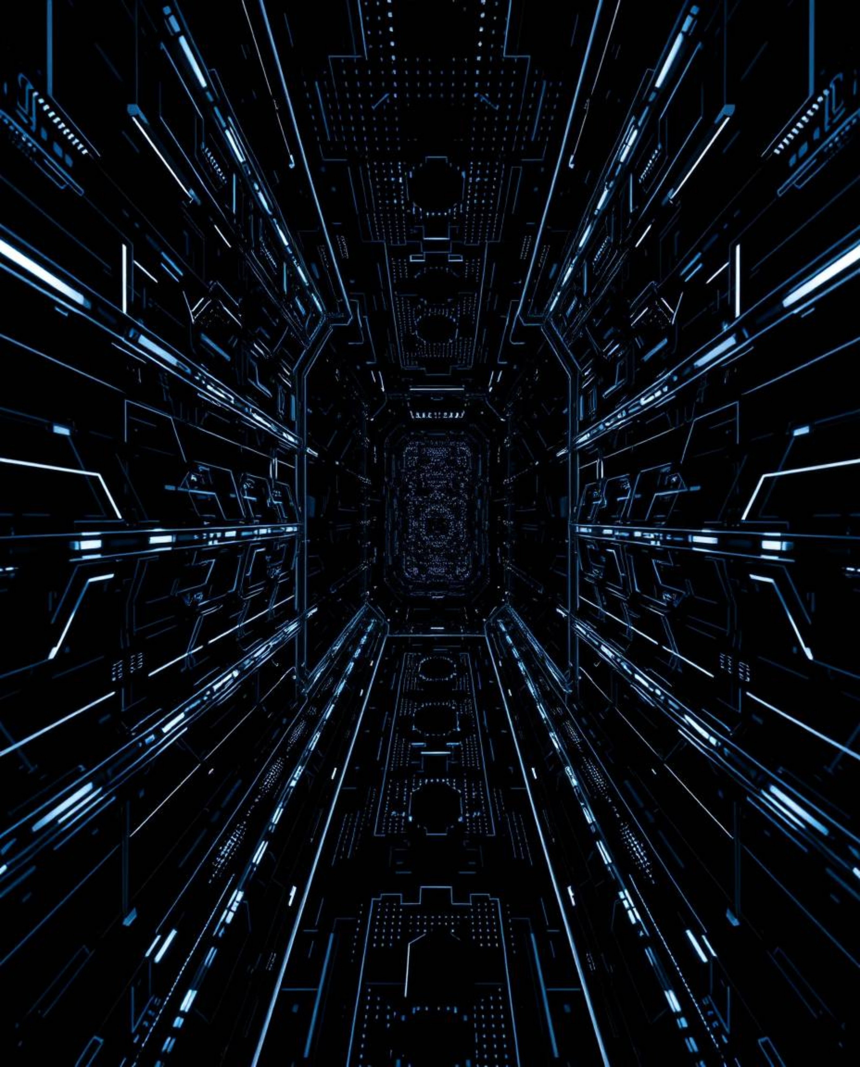 An intense jet black, high-angle perspective showcases a futuristic digital interface featuring intricate geometric patterns 