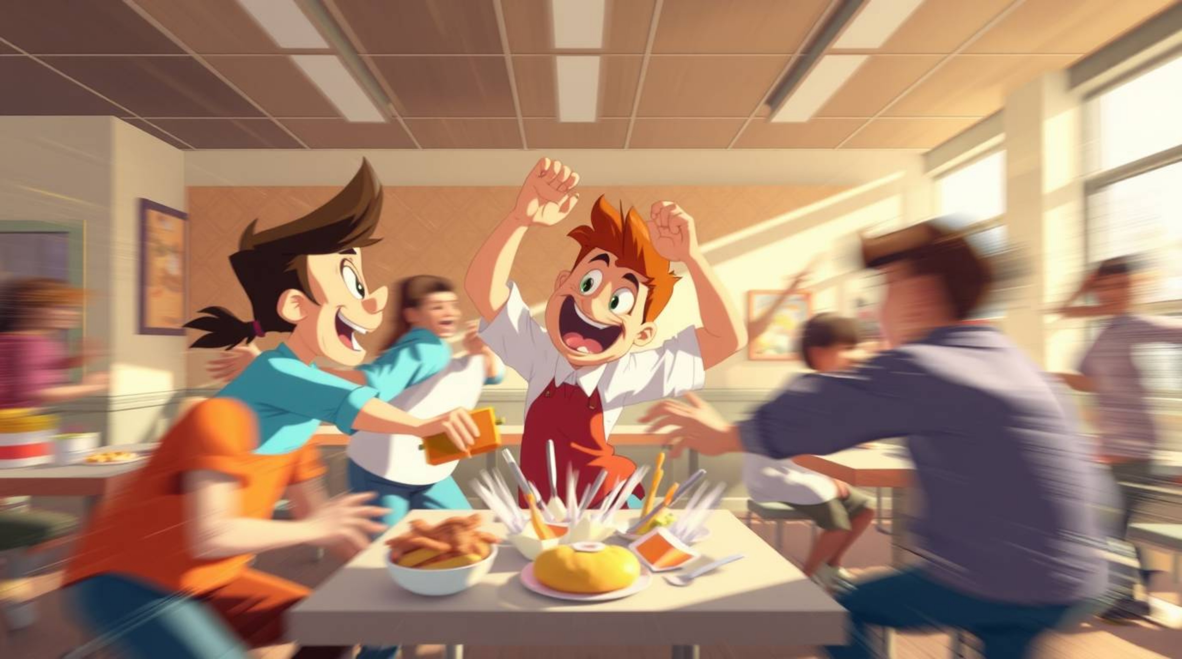 Experience the chaos and hilarity of a cartoon cafeteria food fight captured in dynamic motion blur. This image showcases a w