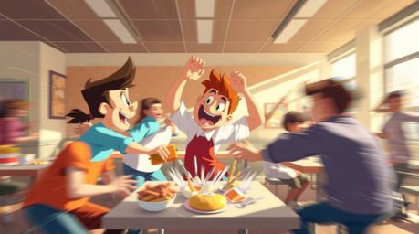Experience the chaos and hilarity of a cartoon cafeteria food fight captured in dynamic motion blur. This image showcases a w