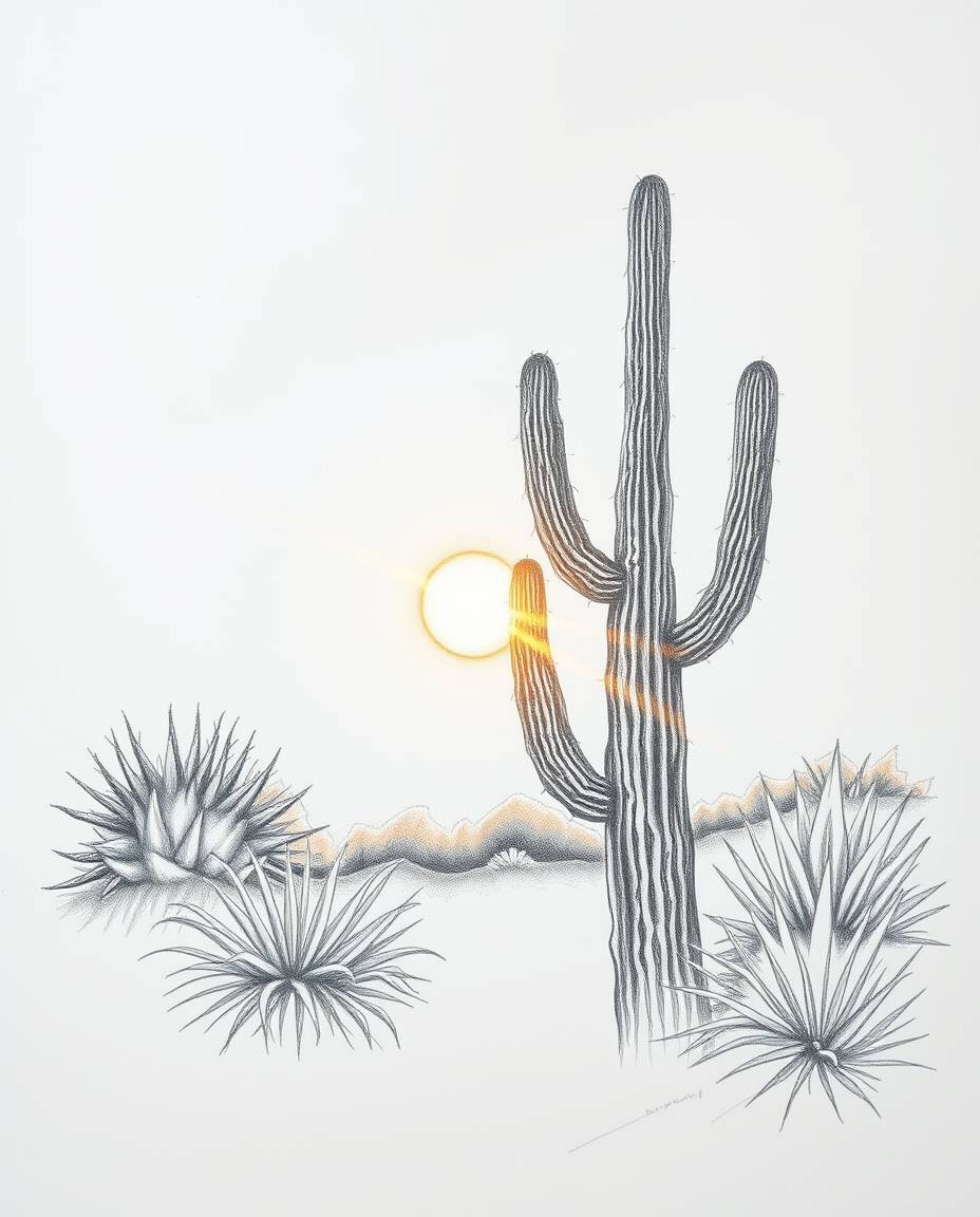 This hand-drawn sketch offers a high-angle perspective of a desert cactus glowing in the last rays of the sun, set within a m