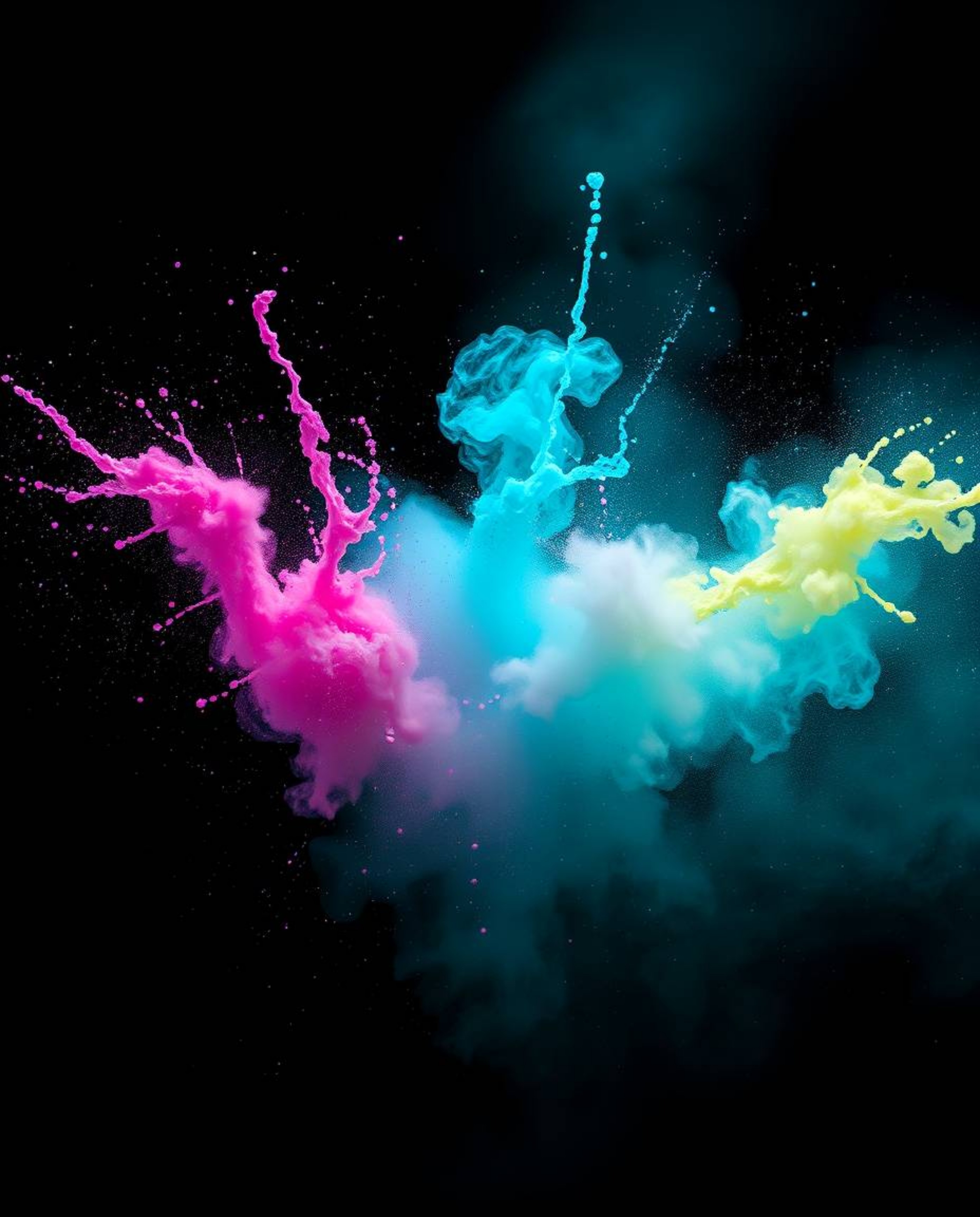 This captivating freeze-frame motion photograph showcases dynamic and colorful splashes against a stark black backdrop, enhan