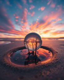An extreme macro close-up captures a dreamlike and surreal image of a sunset sky mirrored in the tidal pools of a beach. This