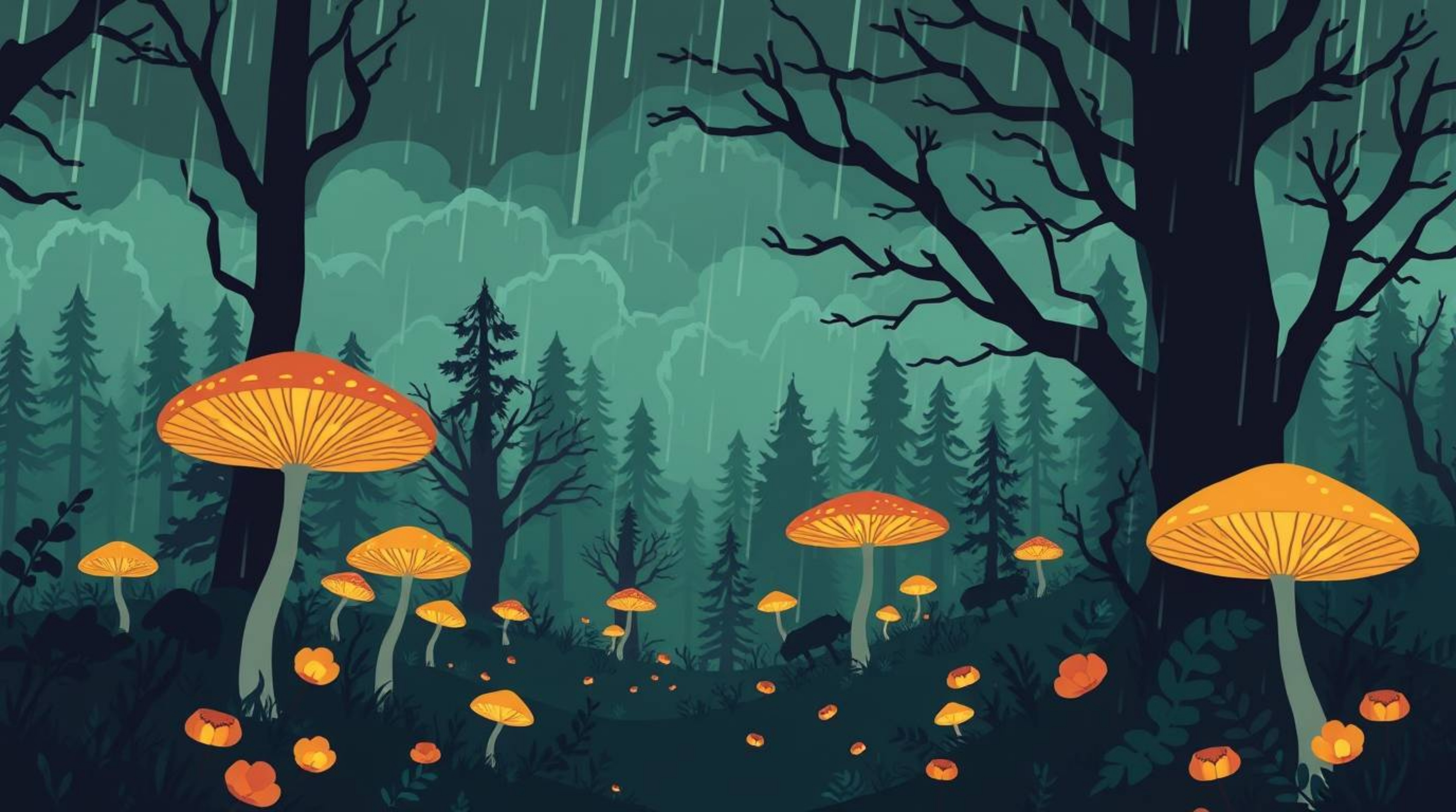 Immerse yourself in a vintage-style enchanted forest brought to life with modern flat design. Featuring glowing mushrooms un