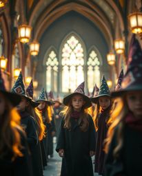 Step into a magical school brimming with radiant young wizards, bathed in a warm golden glow. The sharp focus highlights the 