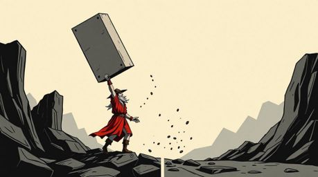 This artwork depicts a tense moment with an anvil poised to drop on a trickster character, presented in a striking split comp