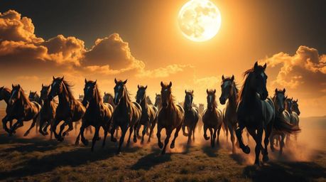 A vibrant and captivating image depicting a herd of wild horses in full gallop beneath a glowing sky. The scene is a juxtapos