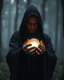A high-resolution stock photo showcases a cloaked figure, its facial features obscured, clad in dark clothing, holding a glow